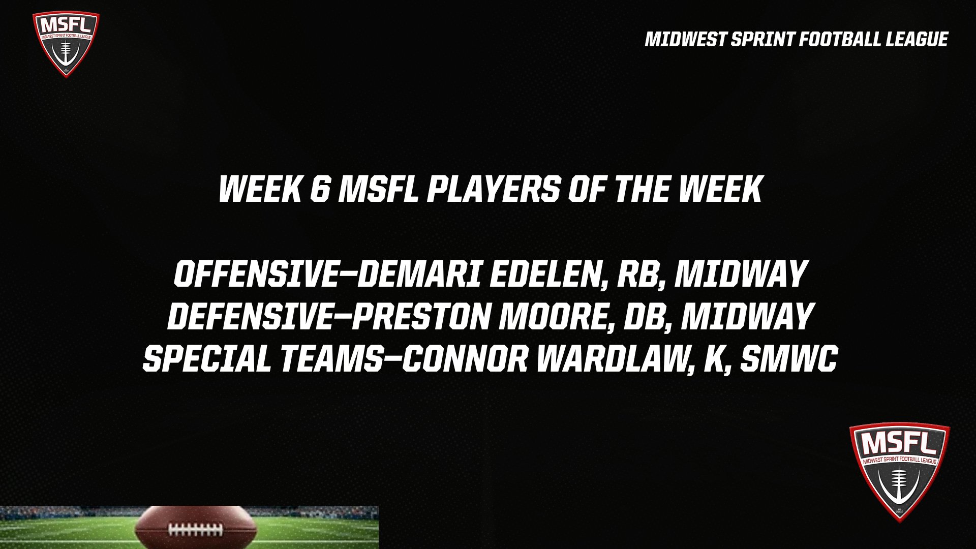 Midwest Sprint Football League Announces Week 6 Player Honors